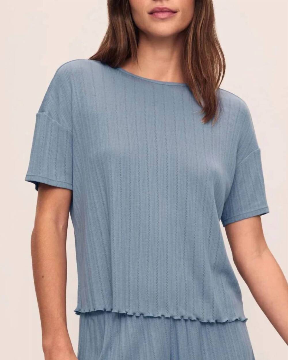 NEW EBERJEY pointelle short sleeve top in faded denim